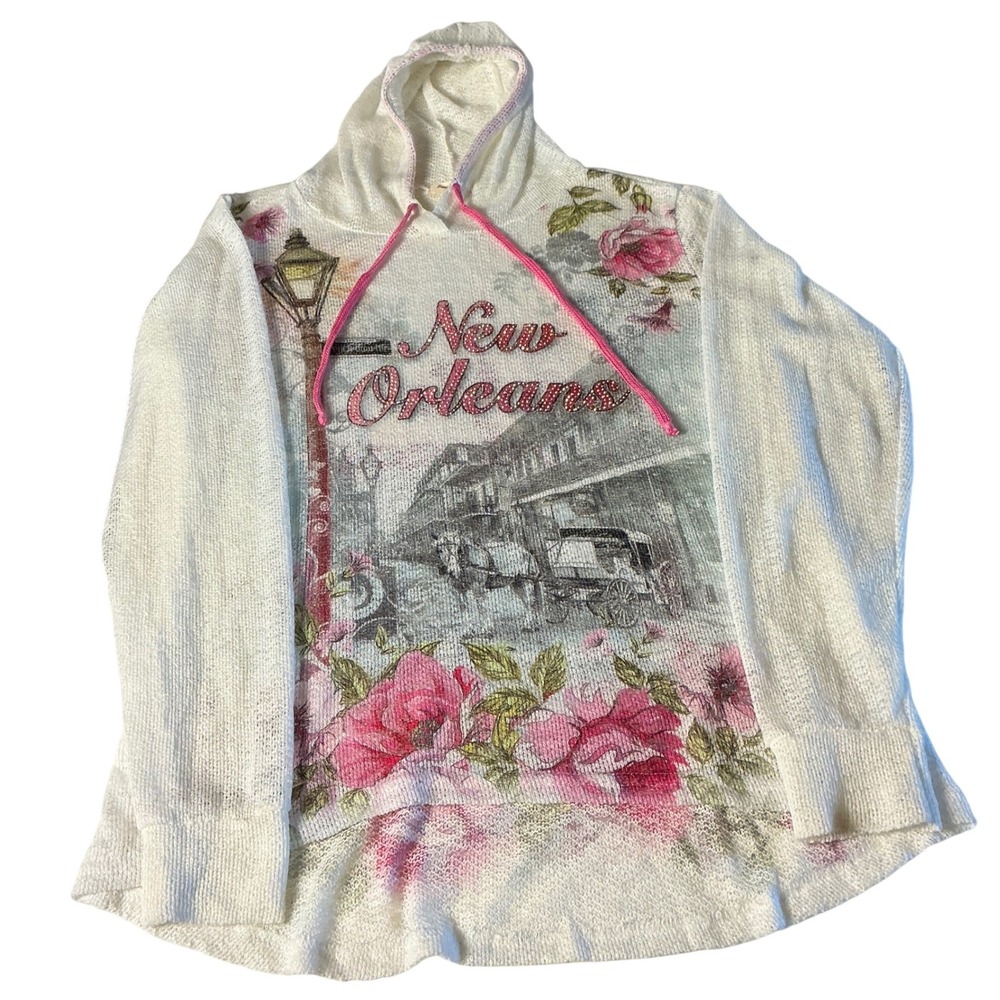 New Orleans Rhinestone Floral Print Hoodie Sweater Knit XL